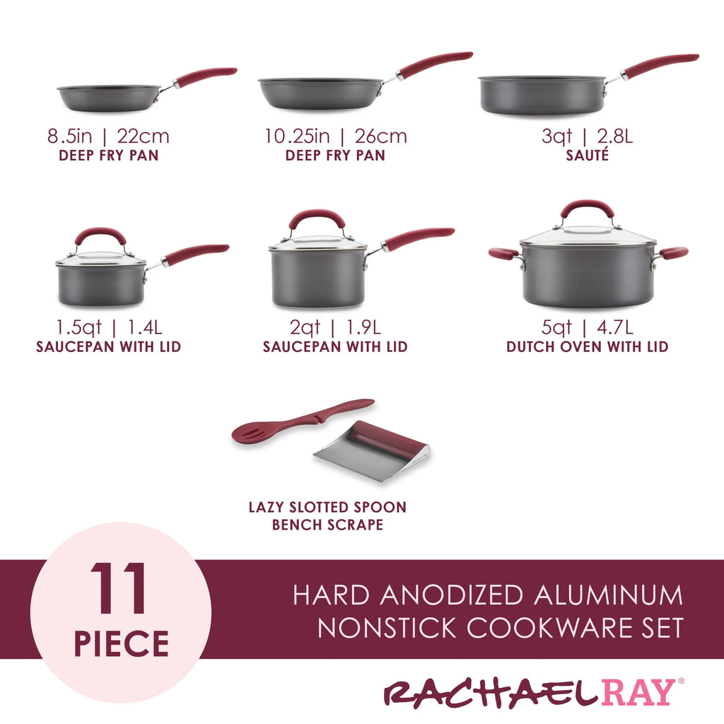11 Piece Nonstick Pots and Pans Set, Burgundy Handles W751