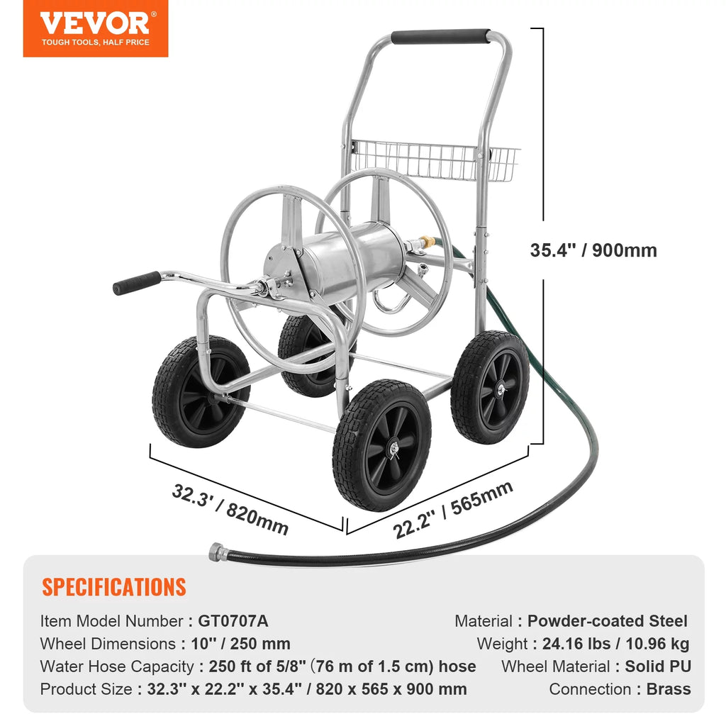 Metal Hose Reel Cart with Wheels, Holds 250 Feet of 5/8" Hose S4526