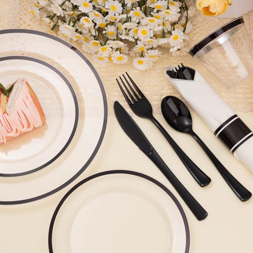 350PCS Clear and Black Disposable Plates Set with Plastic Cups and Pre-Rolled Napkins B212546