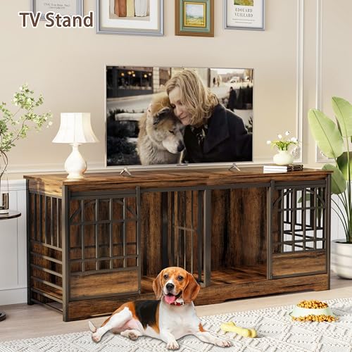 Brown Double Dog Crate Furniture with Divider J16053