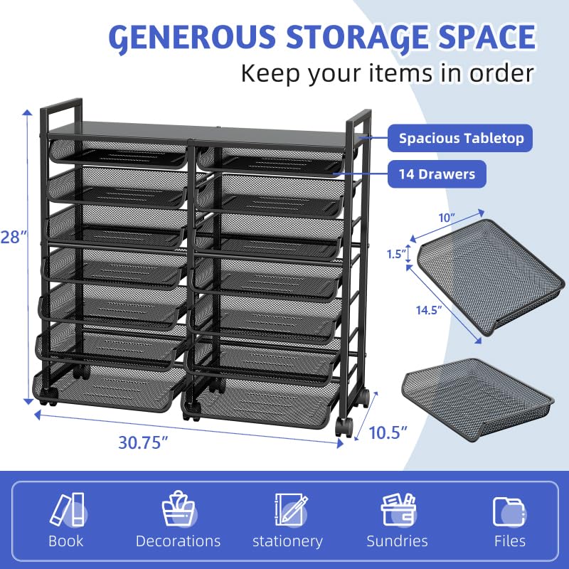 14 Tier Rolling File Cart with Sliding Trays, Black C9998