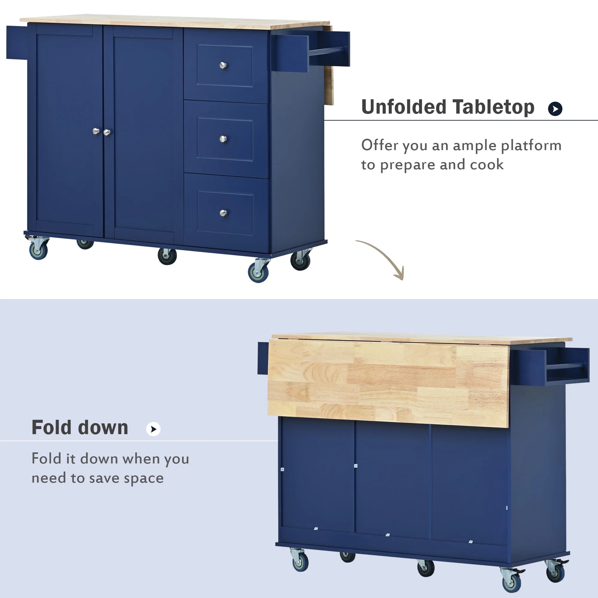 Dark Blue Mobile Kitchen Island Cart with Wood Top and Drop Leaf L542