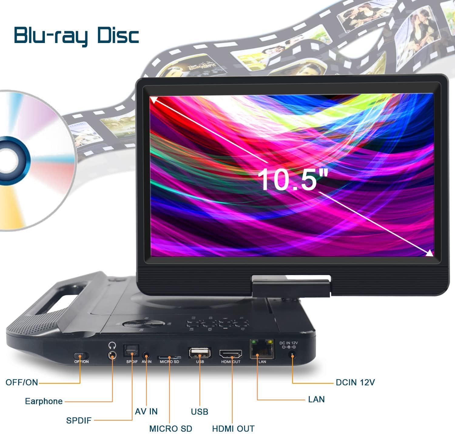 12.5 1080P Portable Blu-Ray Player with 10.5 HD Swivel Screen L861