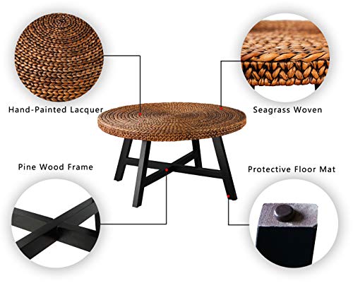 Natural Seagrass Round Coffee Table with Solid Wood Base, 32 x 17 Inches D150314