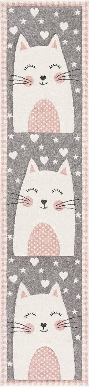 2'3" x 12' Pink & Grey Cat Design Runner Rug F21517