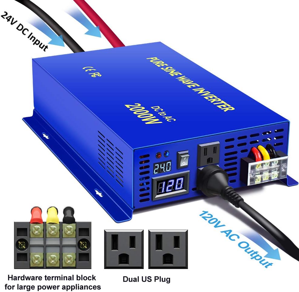 2500W Pure Sine Wave Inverter 24v to 110V 120V AC with Wireless Remote Switch Y709894