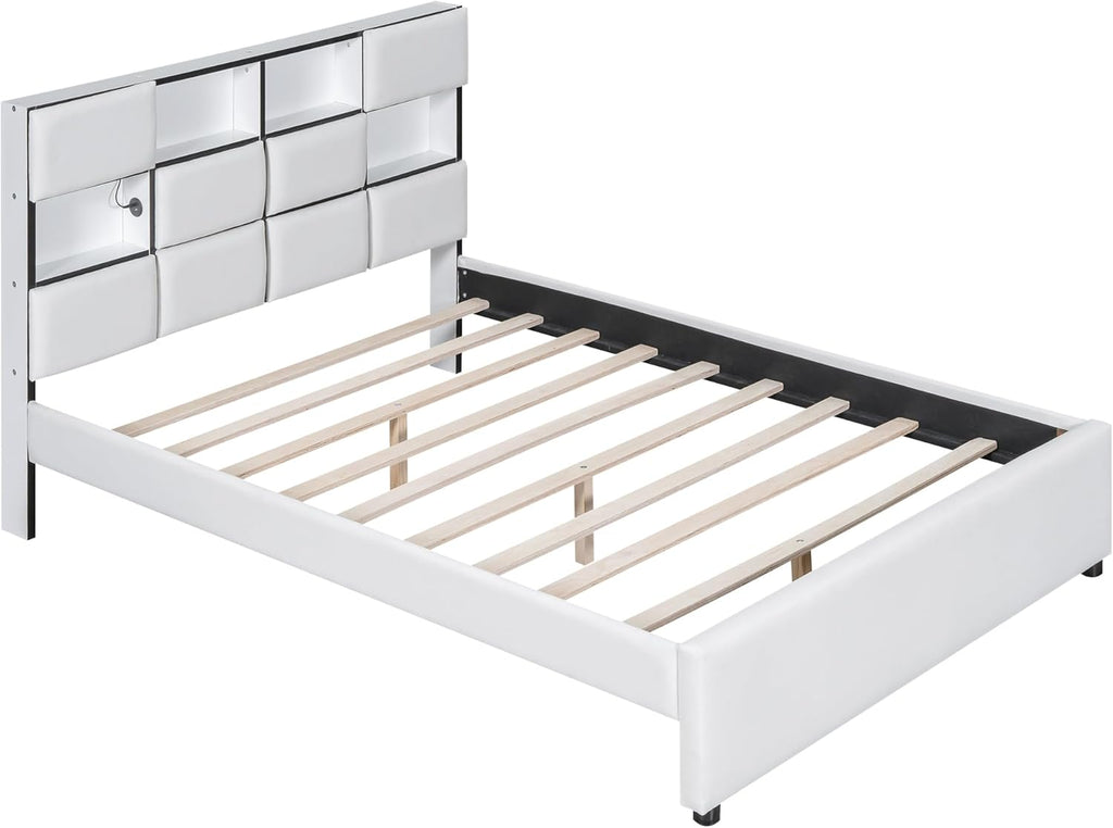 Beige Full Size Upholstered Platform Bed with Storage Headboard S570