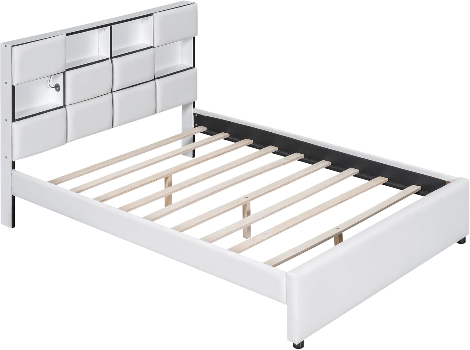 Beige Full Size Upholstered Platform Bed with Storage Headboard S570