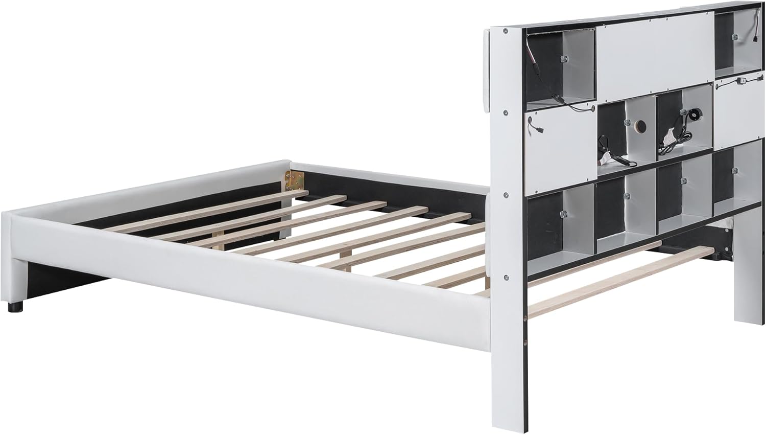 Beige Full Size Upholstered Platform Bed with Storage Headboard S570