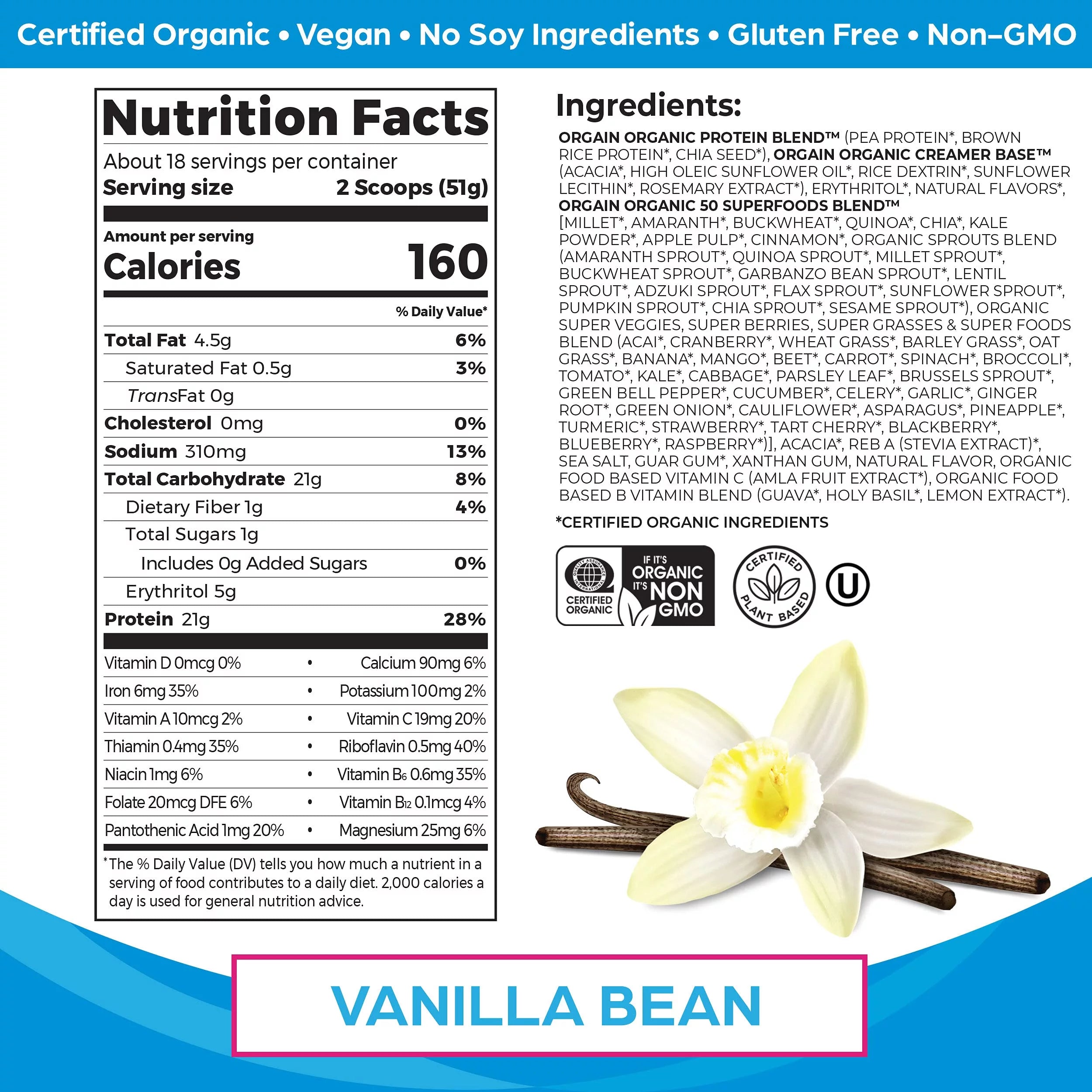 Vanilla Bean 21g Plant Based Protein Powder 2.02lb A20150