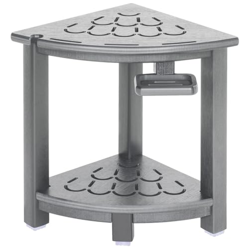 Black HDPE Corner Shower Stool with Storage Shelf and Adjustable Feet O936113