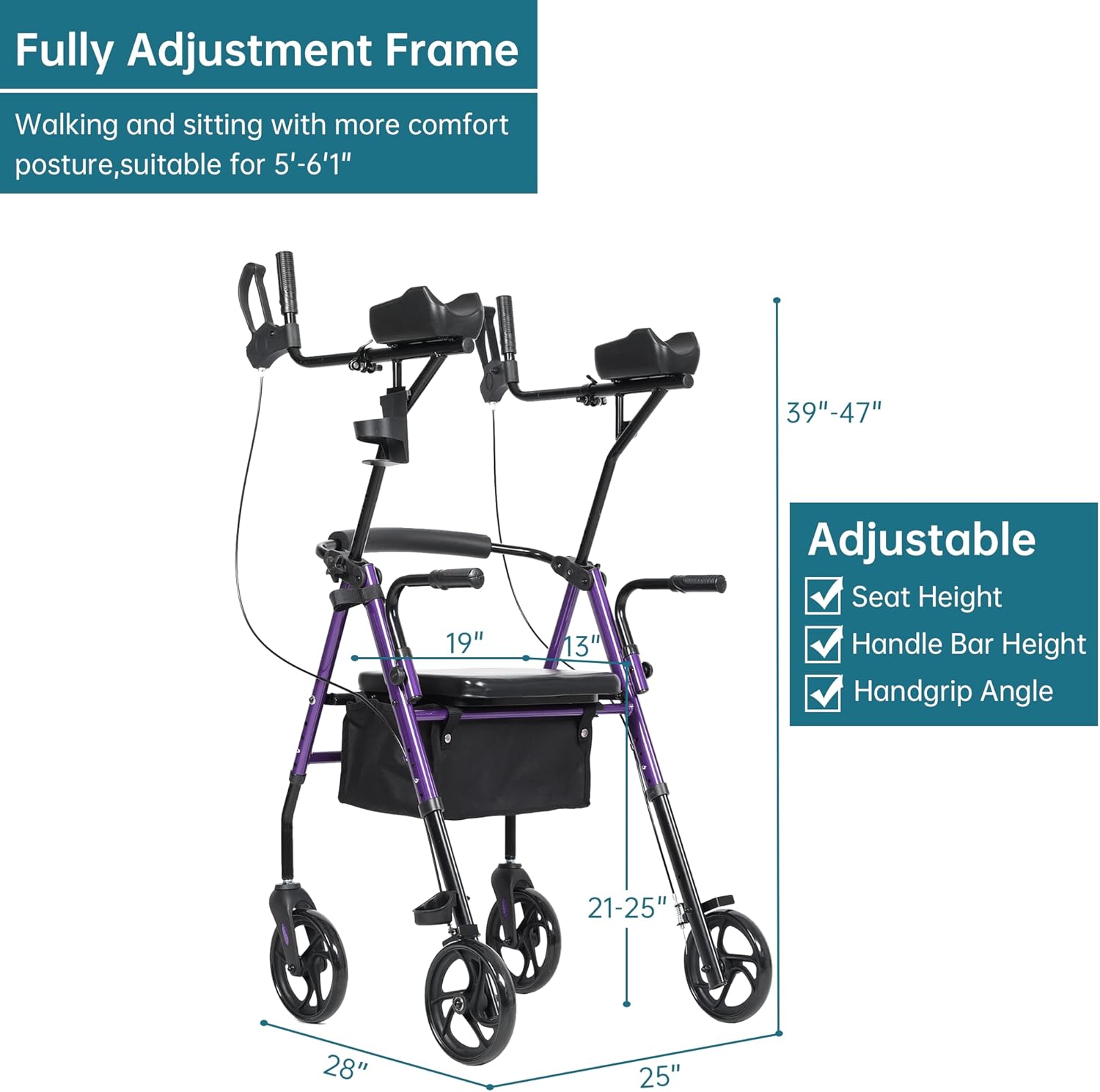 Purple Upright Rollator Walker with Padded Seat and Backrest Y5178
