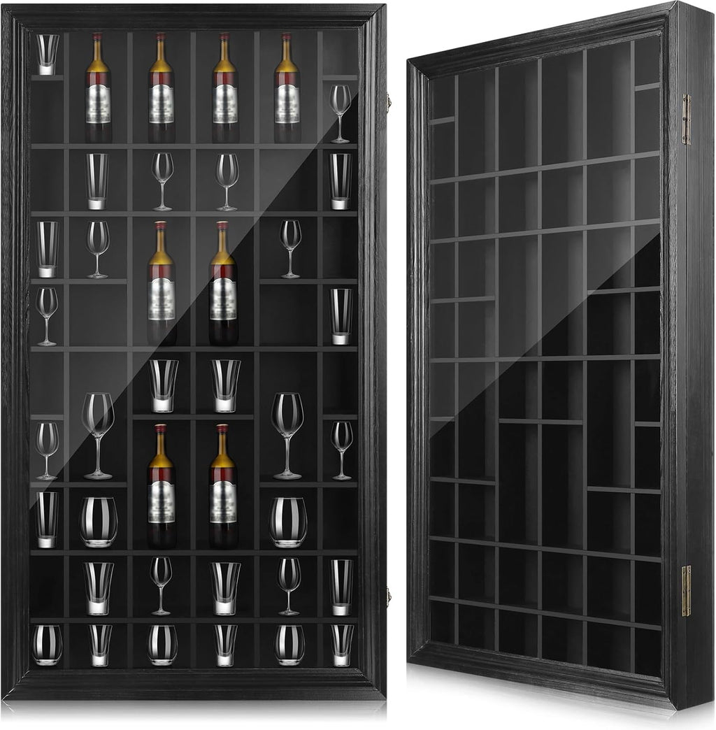 2 Pcs 50 Slots Wood Shot Glass Display Case with Lockable Acrylic Door P9036
