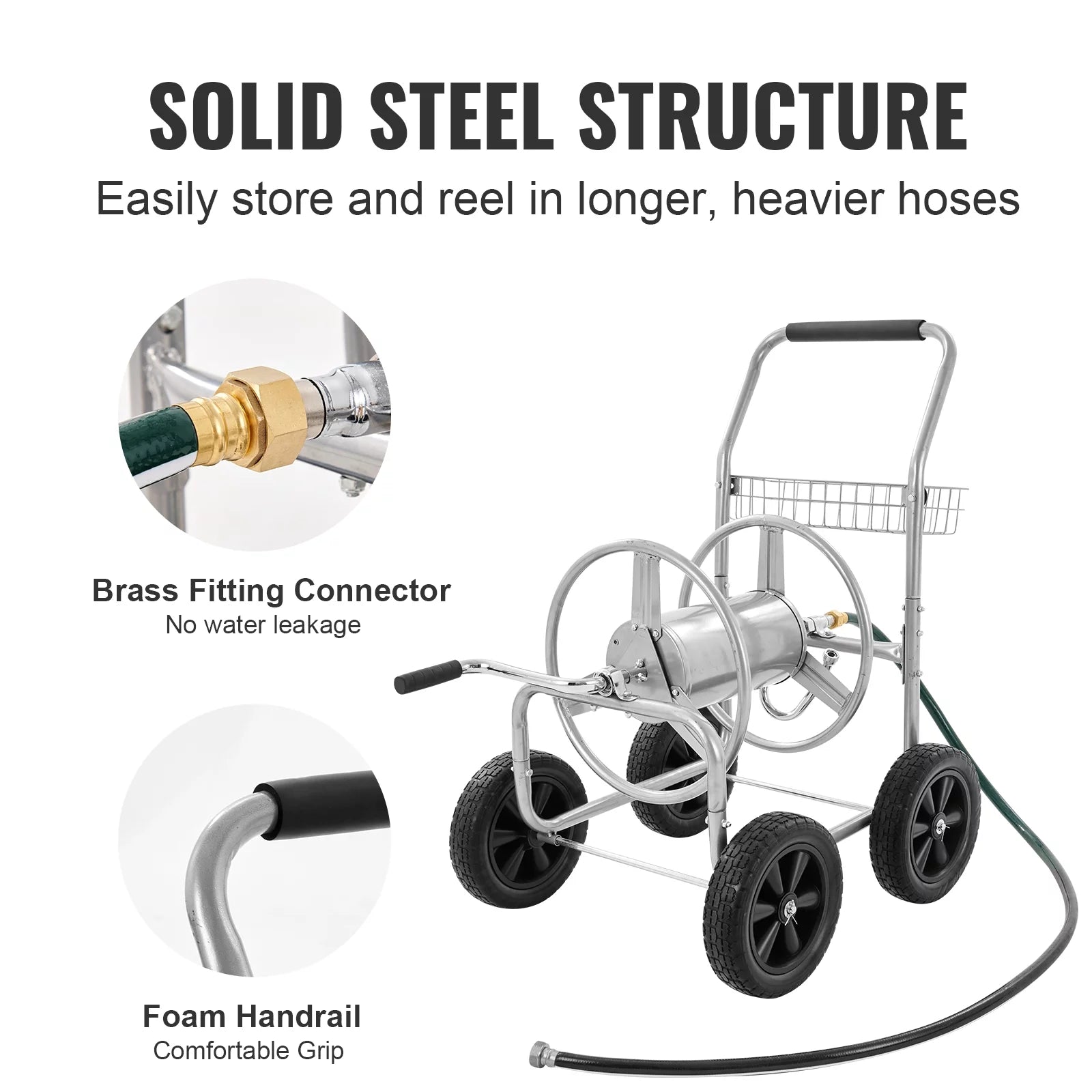 Metal Hose Reel Cart with Wheels, Holds 250 Feet of 5/8" Hose S4526