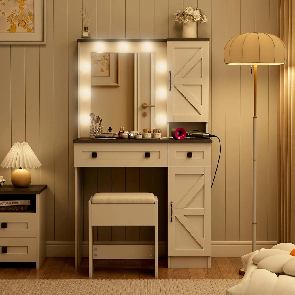 31.5" Makeup Vanity Desk with Lights and Bench Set H14785