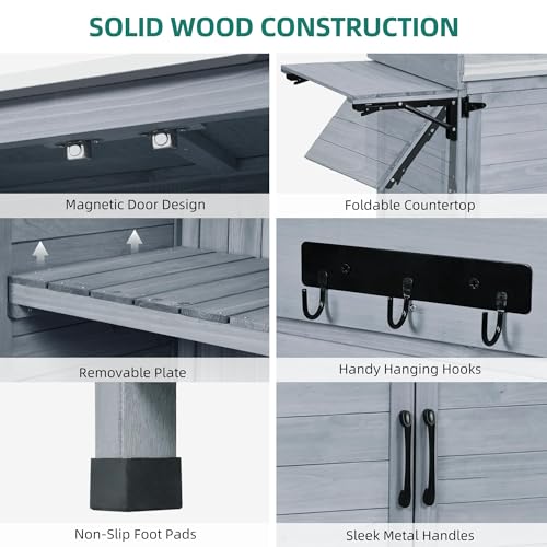 Solid Wood Potting Bench Table with Folding Pallet and Metal Tabletop, Grey J456210