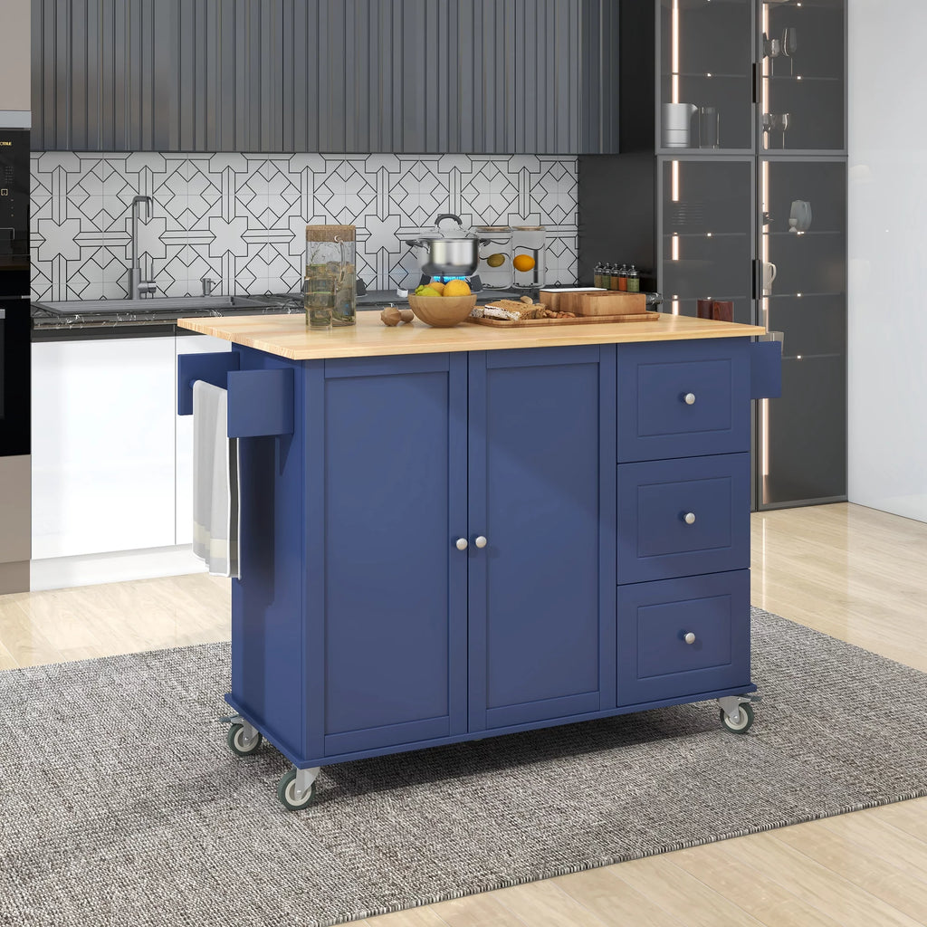Dark Blue Mobile Kitchen Island Cart with Wood Top and Drop Leaf L542