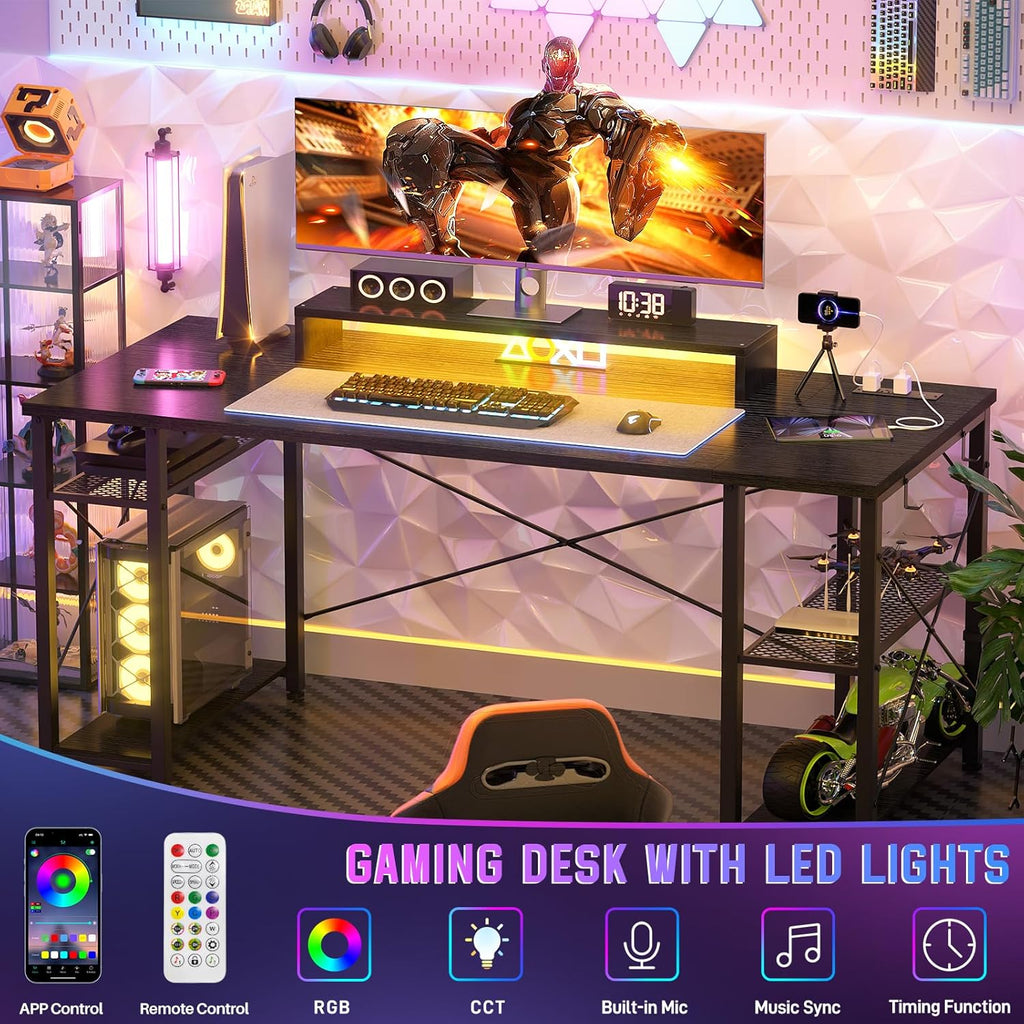 Black 55 Inch Gaming Desk with LED Lights and Power Outlet K7683