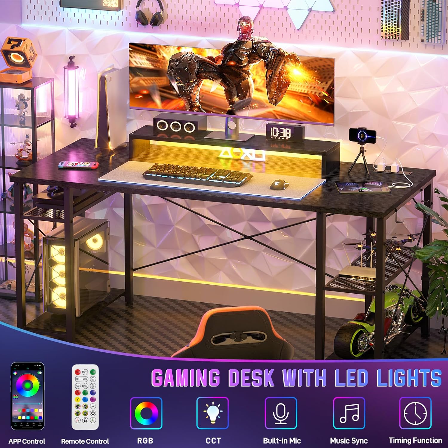 Black 55 Inch Gaming Desk with LED Lights and Power Outlet K7683