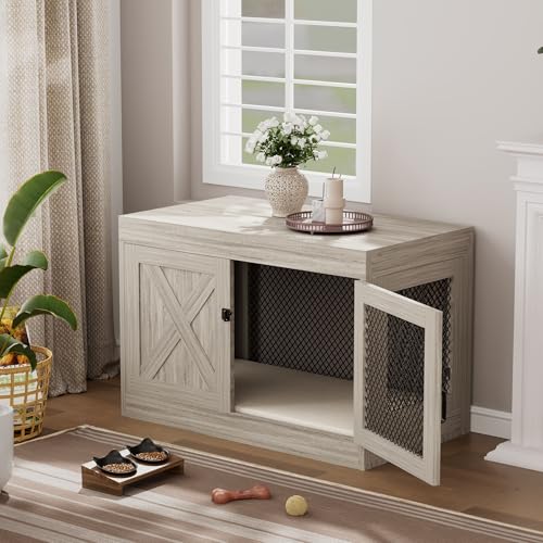 Grey 36 Inch Wooden Dog Crate with Double Doors M272862