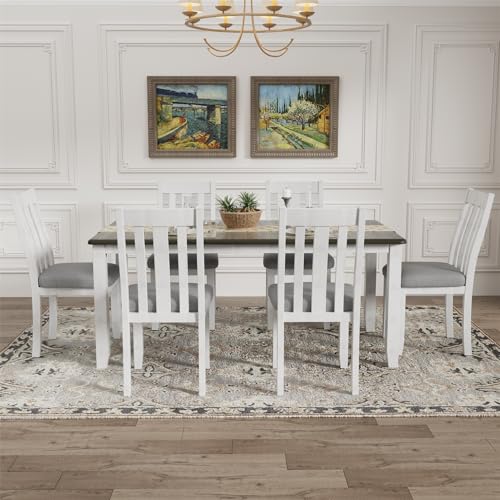 7 Pieces Dining Table Set with 6 Upholstered Chairs and Extendable Tabletop, Solid Wood X21945