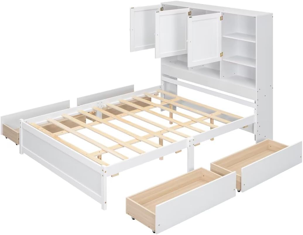 Queen Size Platform Bed with 4 Storage Drawers & Bookcase Headboard, White N13470