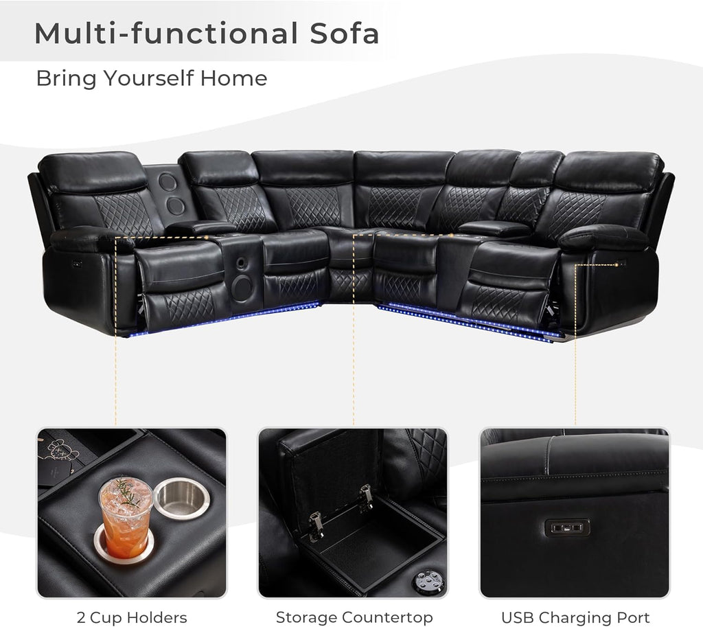 Black Faux Leather Power Reclining L-Shape Sectional Sofa Q599