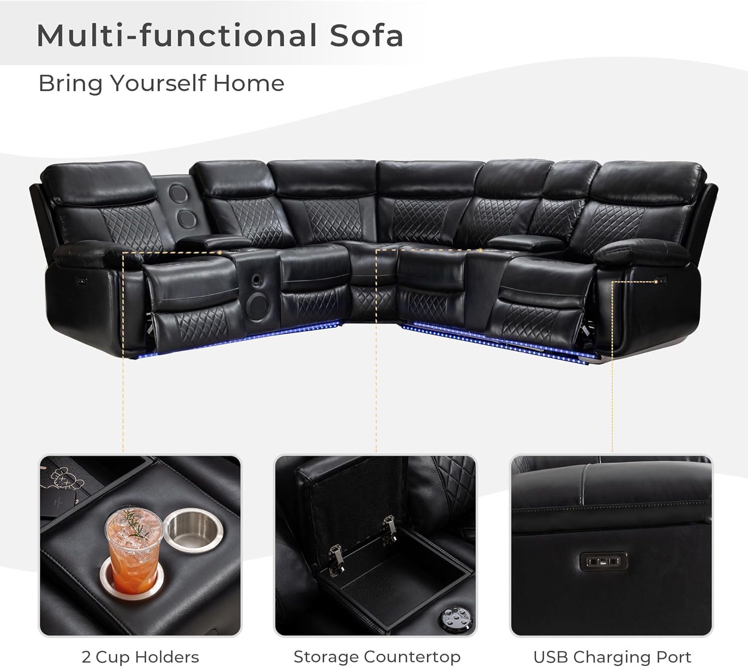 Black Faux Leather Power Reclining L-Shape Sectional Sofa Q599