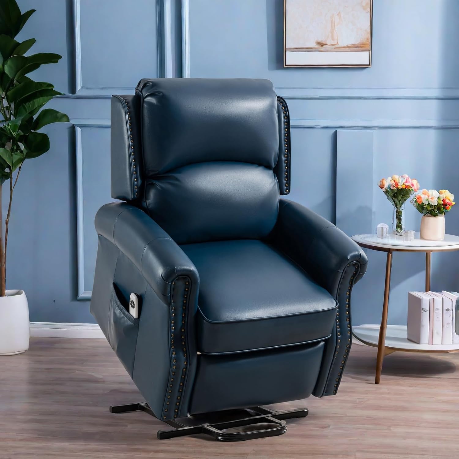 Navy Blue Faux Leather Power Lift Recliner Chair L397