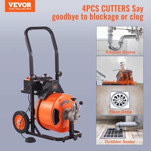 100FT x 3/4 Inch Drain Cleaning Machine Sewer Auger Auto Feed with 4 Cutter & Air-activated Foot Switch O43718