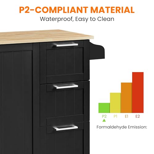 Black Kitchen Island Cart with Drop-Leaf Countertop, Rolling Storage Cabinet & 3 Drawers C2225
