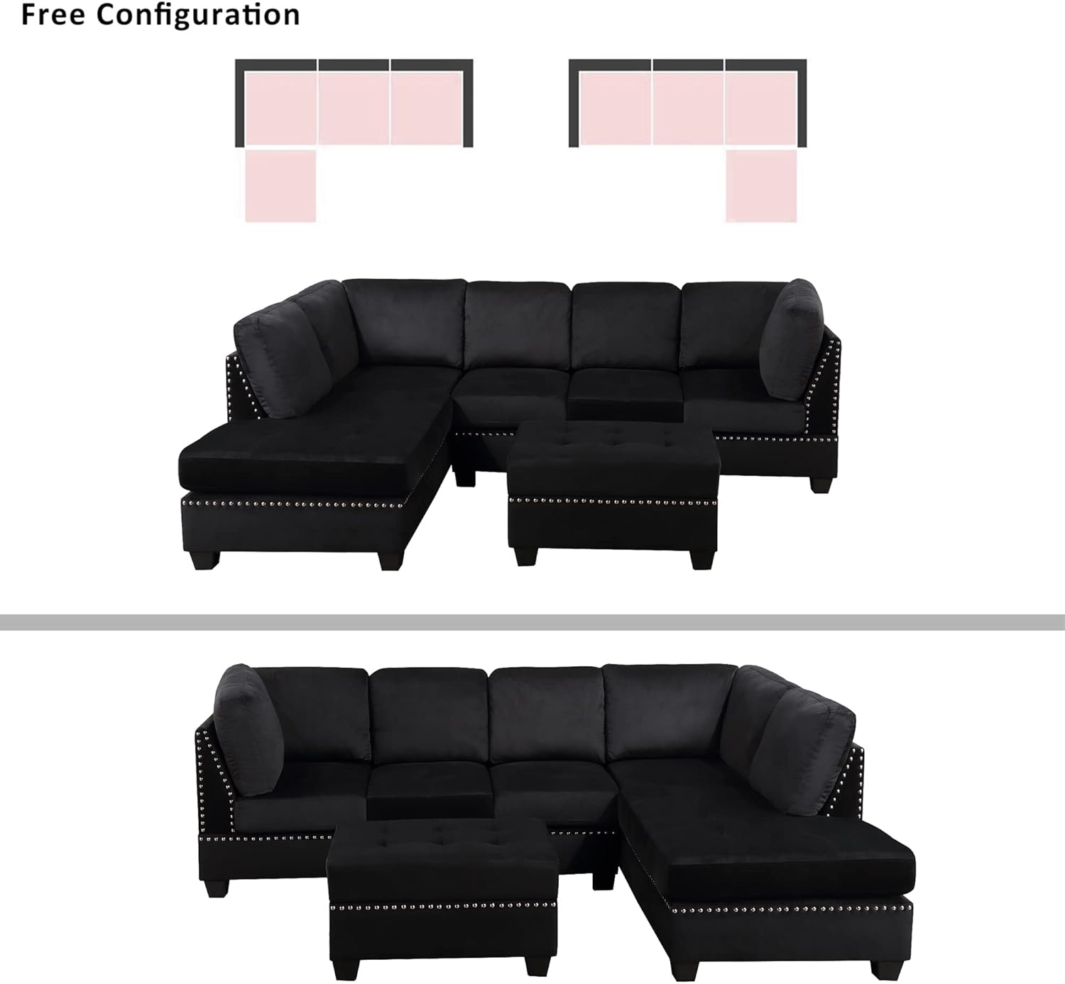Reversible Sectional Sofa with Storage and Chaise Lounge Couch, Wooden Frame L-Shaped Corner Sofa Set with Ottoman, Black Z21357