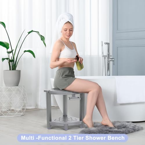 Black HDPE Corner Shower Stool with Storage Shelf and Adjustable Feet O936113