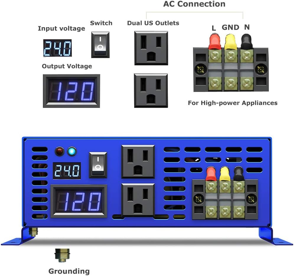 2500W Pure Sine Wave Inverter 24v to 110V 120V AC with Wireless Remote Switch Y709894
