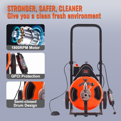 100FT x 3/4 Inch Drain Cleaning Machine Sewer Auger Auto Feed with 4 Cutter & Air-activated Foot Switch O43718