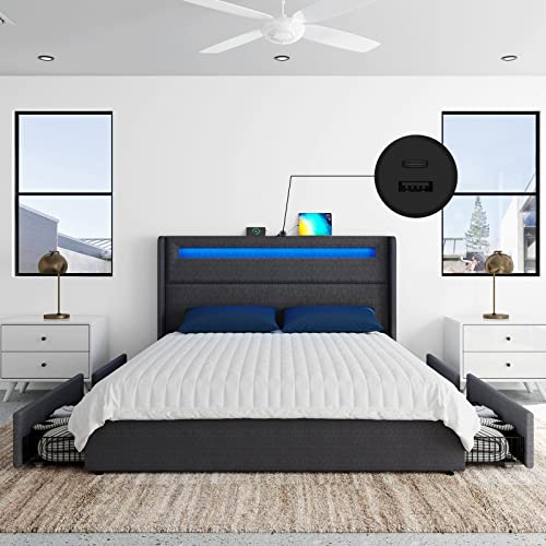 Queen LED Bed Frame with Wingback Headboard, Upholstered Platform Bed with 4 Storage Drawers & Charging Station, Dark Grey E190313