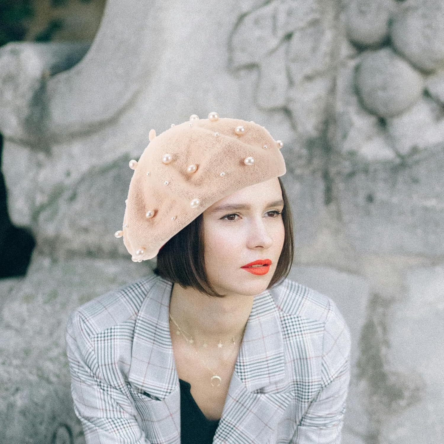Beige Cashmere Wool Beret Q9643