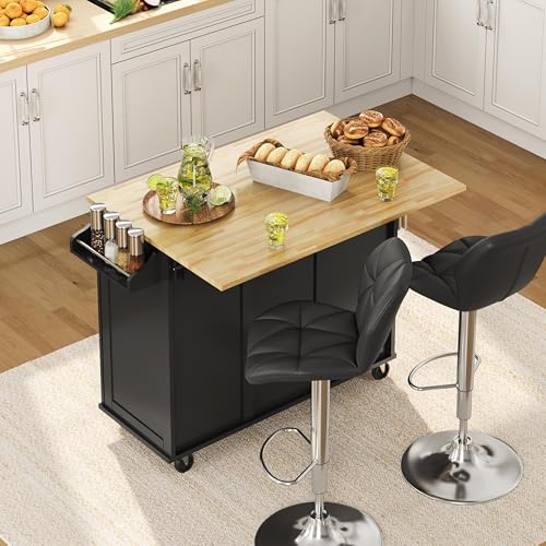 Black Kitchen Island Cart with Drop-Leaf Countertop, Rolling Storage Cabinet & 3 Drawers C2225