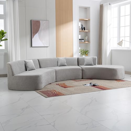 Grey Chenille Curved Sofa Sectional with Three Throw Pillows C11439