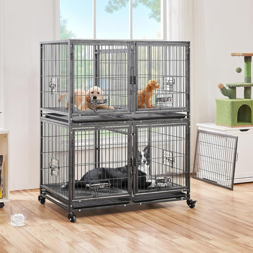 Stackable Dog Crate with Divider 43'' Rolling Heavy Duty Dog Cage with Open Top 2 Removable Trays Q674