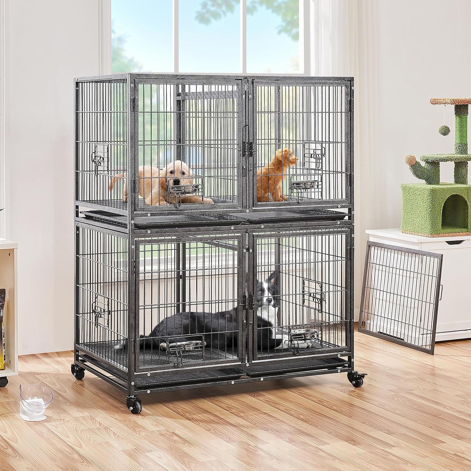 Stackable Dog Crate with Divider 43'' Rolling Heavy Duty Dog Cage with Open Top 2 Removable Trays Q674