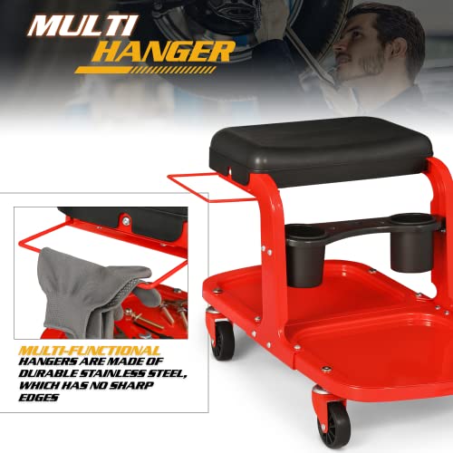 Black Garage Mechanic Creeper Seat with Tool Tray and Can Holder, Rolling Stool W196