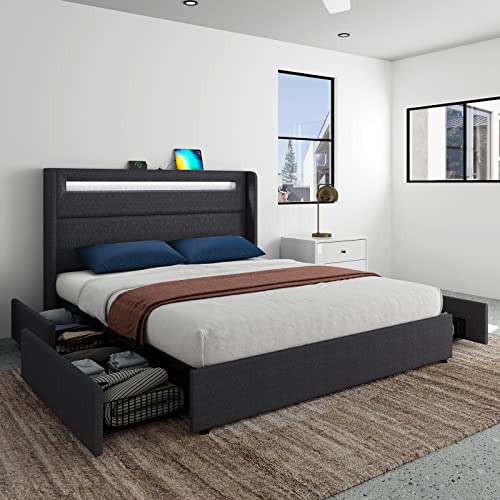 Queen LED Bed Frame with Wingback Headboard, Upholstered Platform Bed with 4 Storage Drawers & Charging Station, Dark Grey E190313