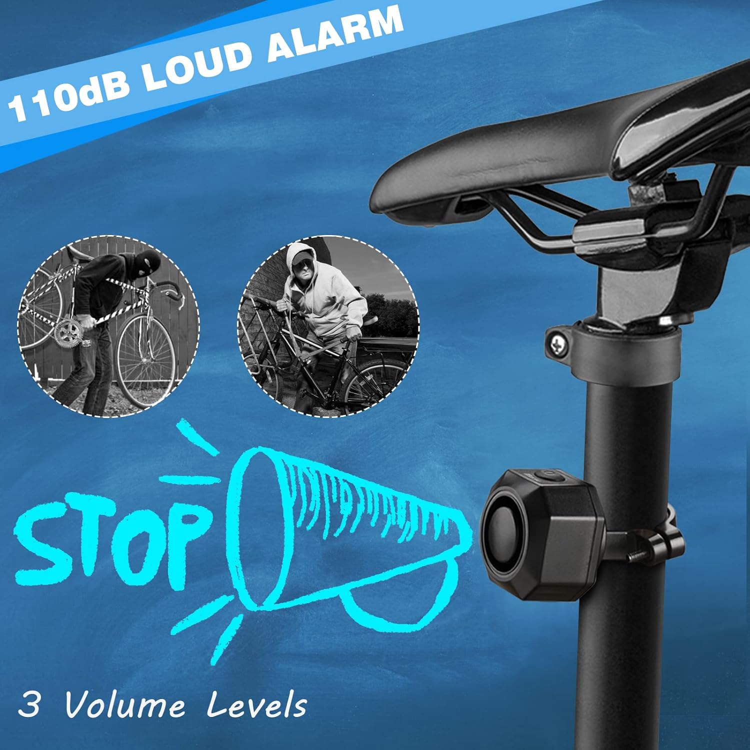 USB Rechargeable Bike Alarm with Remote, 110dB Wireless Anti Theft Vibration Motion Sensor Waterproof Bicycle Alarm U3527