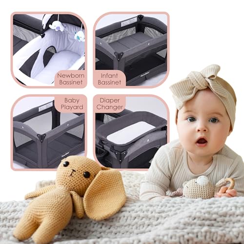 Grey Foldable Playpen with Bassinet, Mattress, Changing Table G505114