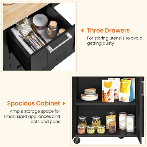Black Kitchen Island Cart with Drop-Leaf Countertop, Rolling Storage Cabinet & 3 Drawers C2225
