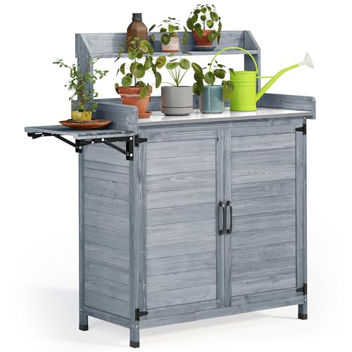 Solid Wood Potting Bench Table with Folding Pallet and Metal Tabletop, Grey J456210