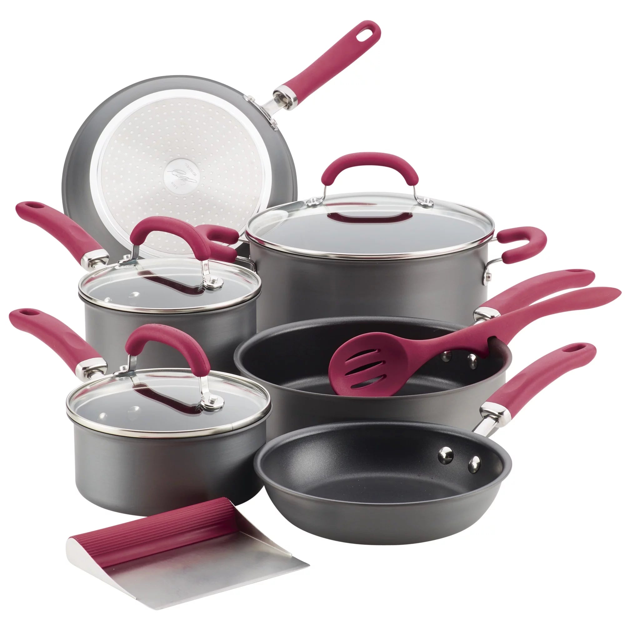 11 Piece Nonstick Pots and Pans Set, Burgundy Handles W751