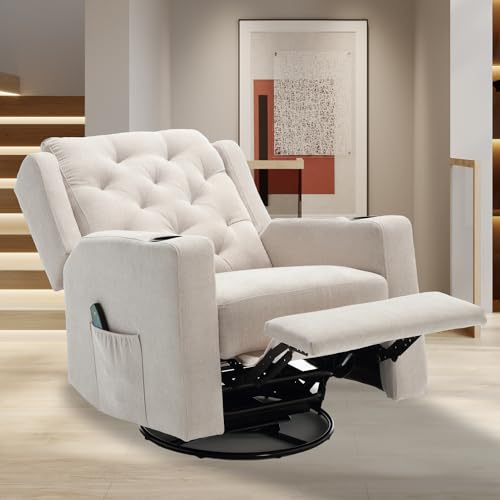 Oversized Swivel Rocker Recliner Chair with Cup Holders, Beige S960