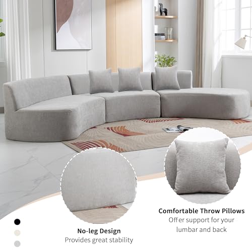 Grey Chenille Curved Sofa Sectional with Three Throw Pillows C11439